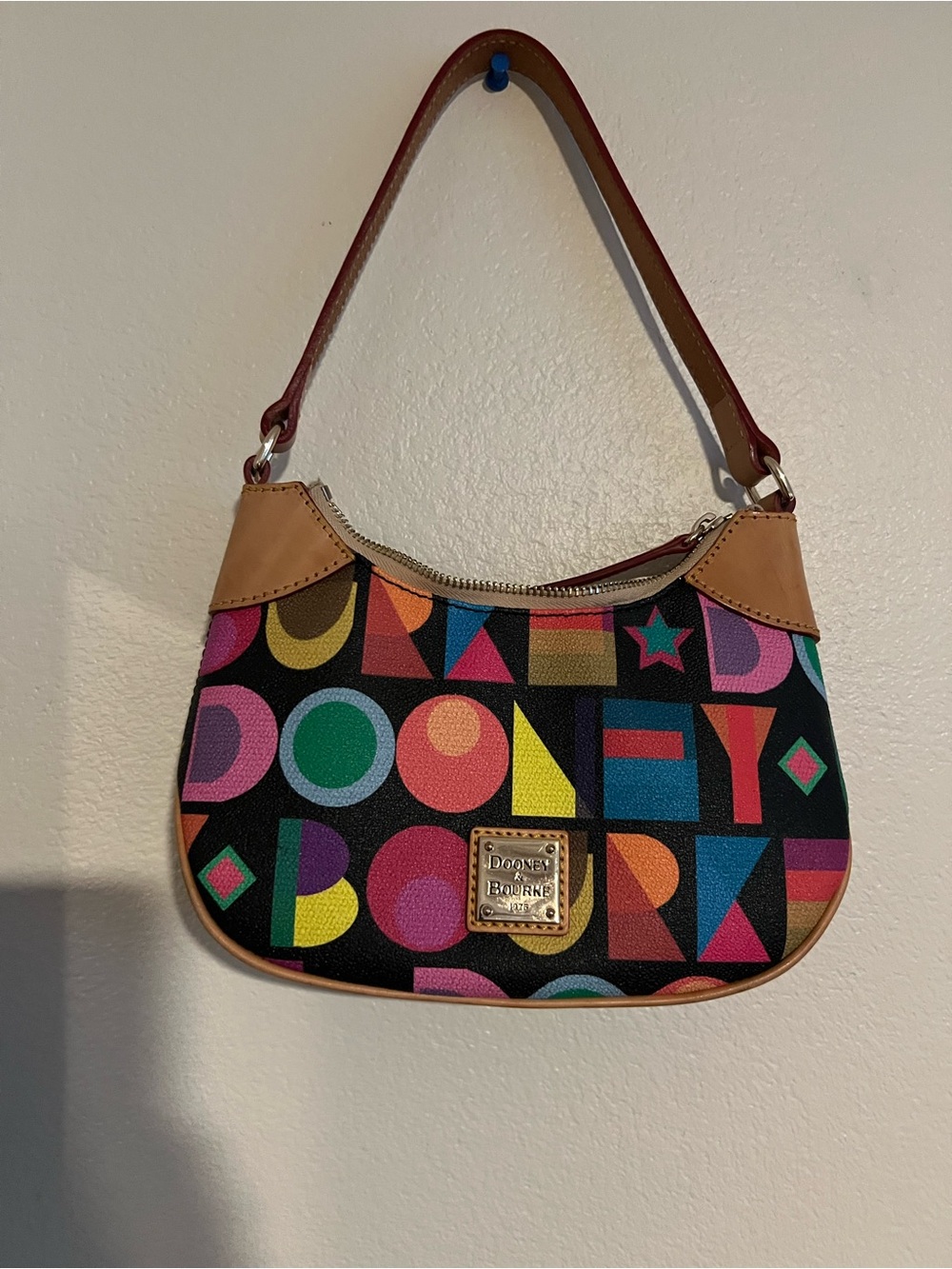 Dooney & Bourke Black Multicolor Geometric Logo Shoulder Bag with Tan Trim